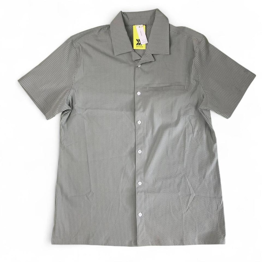 Sage green NO IRON  striped textured short‎ sleeve button up shirt